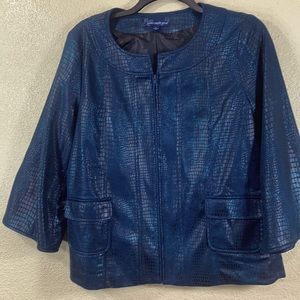 Susan Graver Blazer Jacket Blue Animal Print  L Long Sleeve Pockets Front Zipper